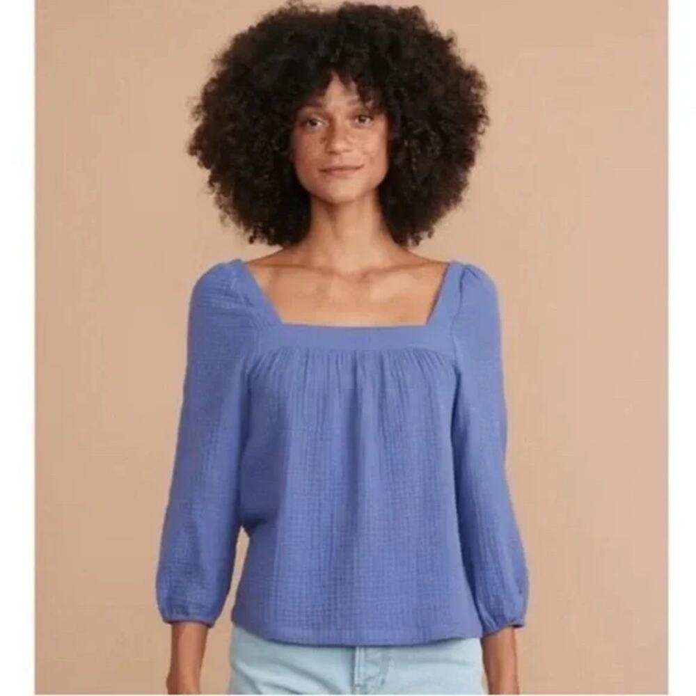 Marine Layer Annabella Square Neck Top Blue Marlin Crinkle Puff Sleeve Sz XS